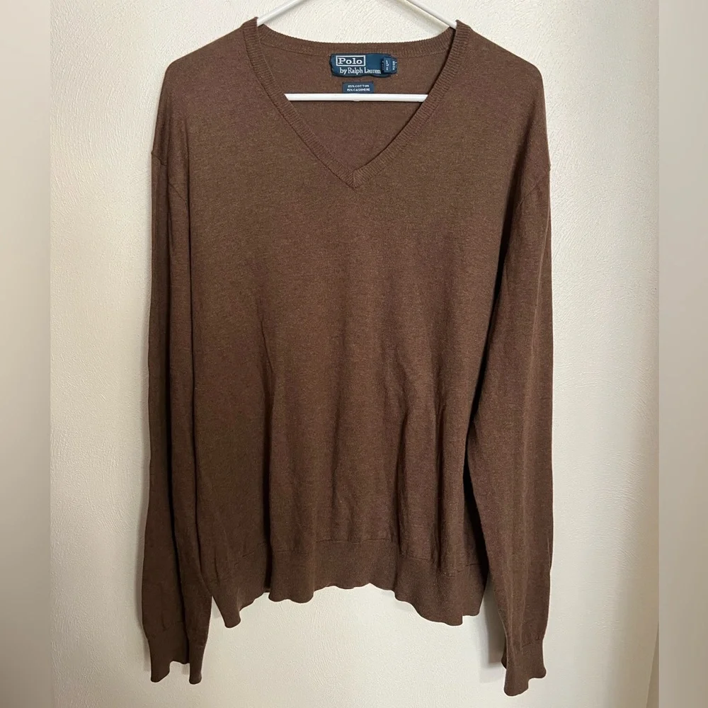 POLO RALPH LAUREN Cotton & Cashmere Preppy V Neck Sweater‎ Brown Men's Size XL